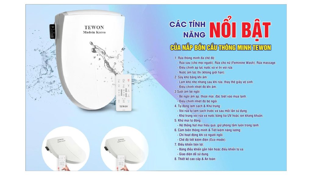 Nắp bồn cầu thông minh TEWON – Giải pháp vệ sinh hiện đại cho mọi gia đình Nắp bồn cầu thông minh TEWON tích hợp rửa tự động, khử trùng
